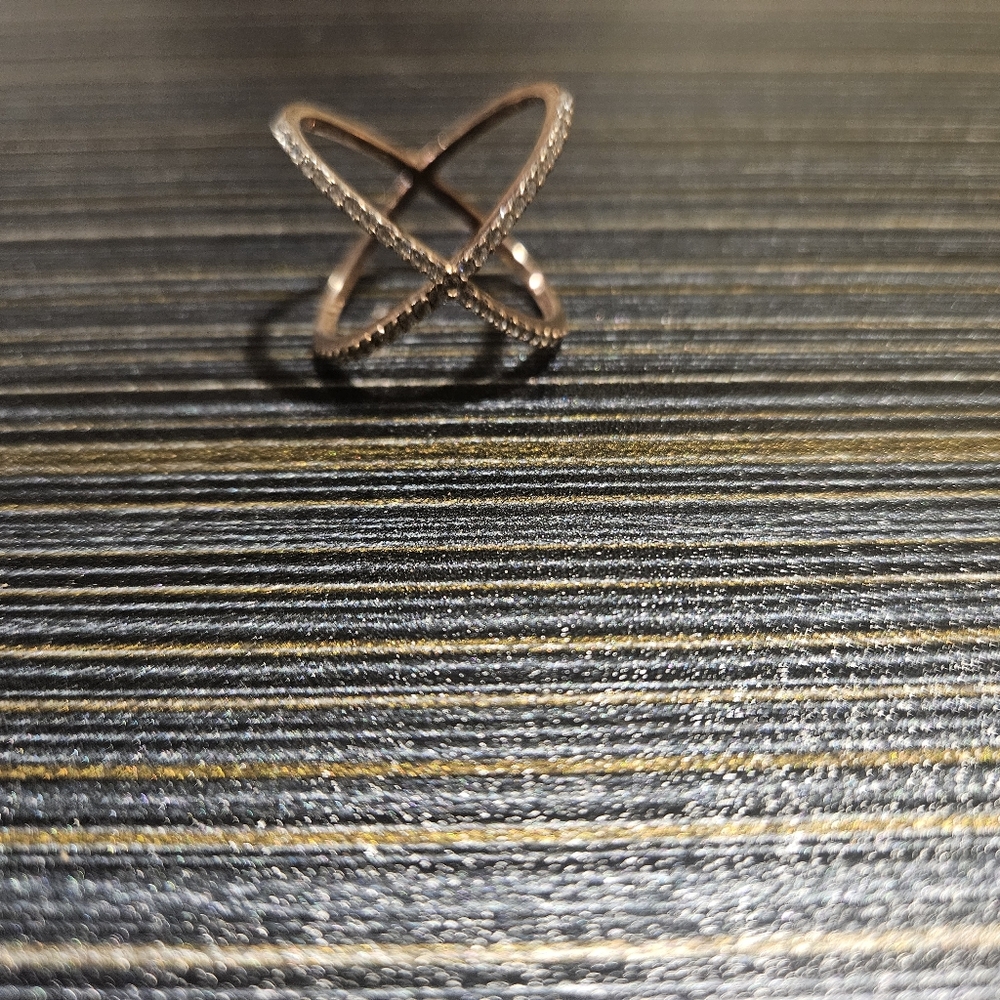 Rose Gold and Crystal Stone X Shaped Statement Ring - Picture 3 of 5
